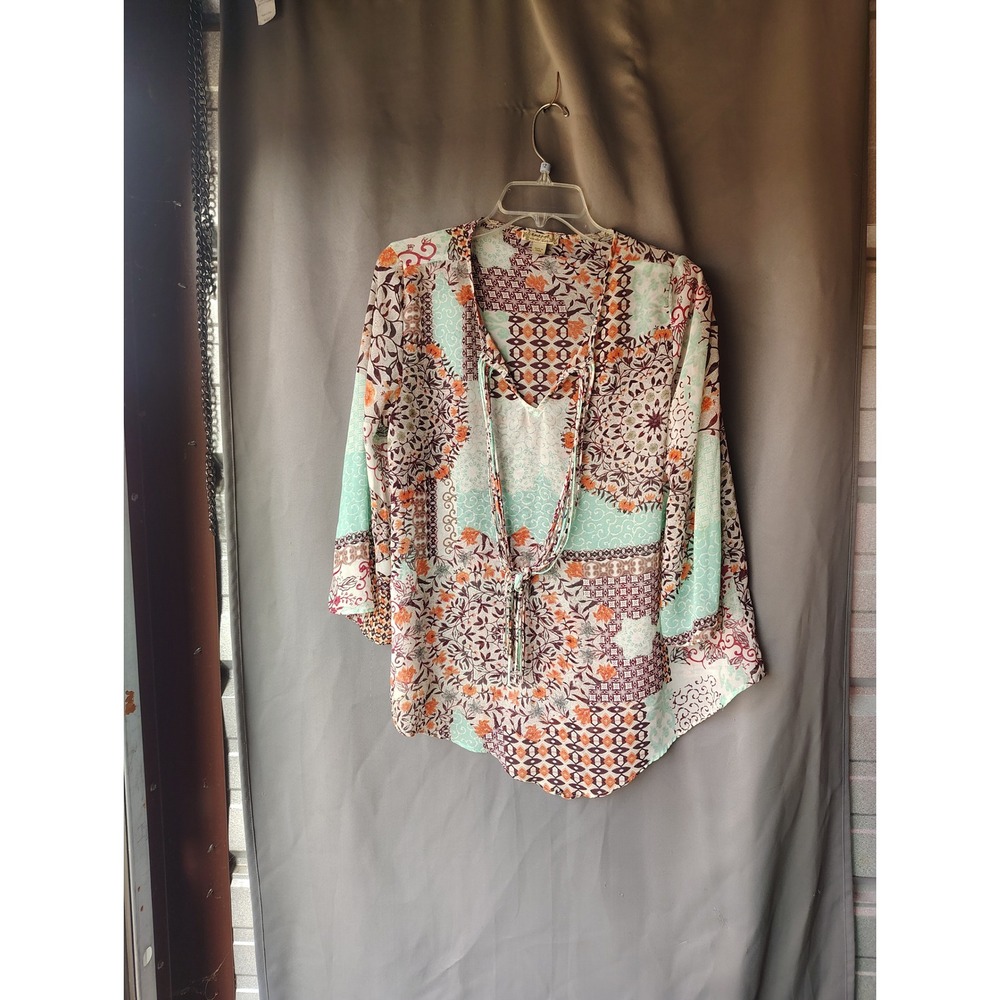 Energe World Wear Womens Large‎ Patchwork Boho Tassel Tie V-Neck Blouse Teal
